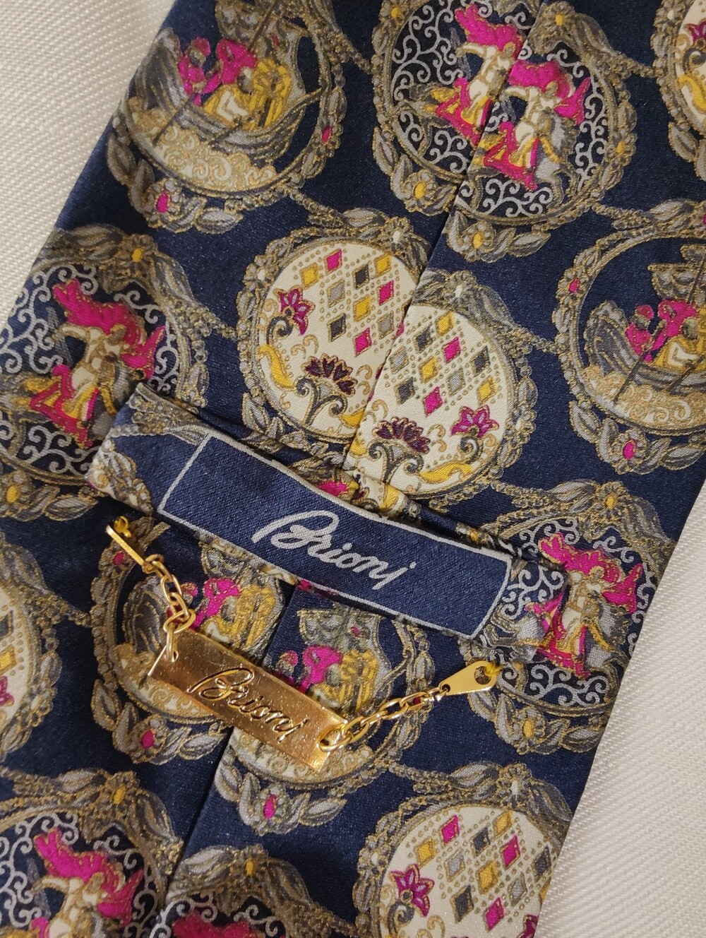 Brioni Navy Silk Tie with Renaissance Inspied Gold Medallions and Figures - Picture 5 of 10